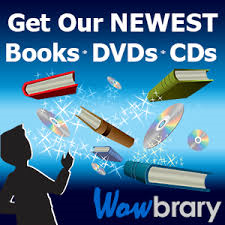logo image with child looking at floating books and cds against a blue background