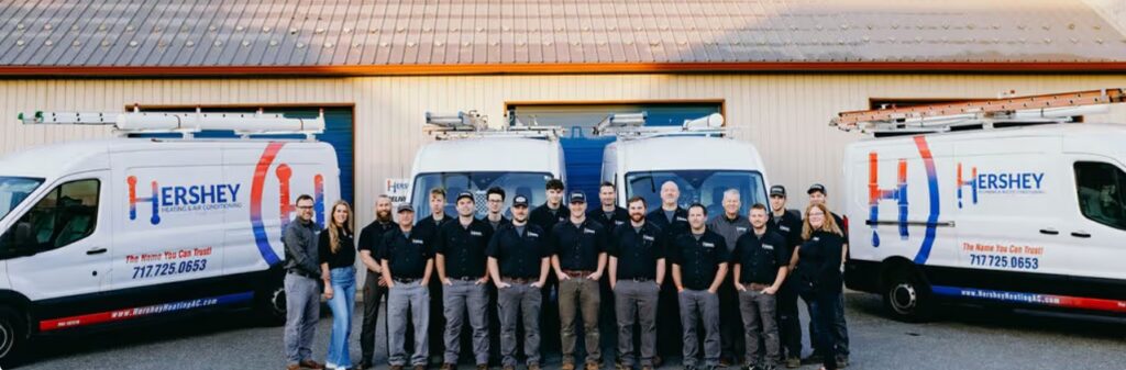 Photo of Hershey HVAC employees standing in front of 4 company vans.